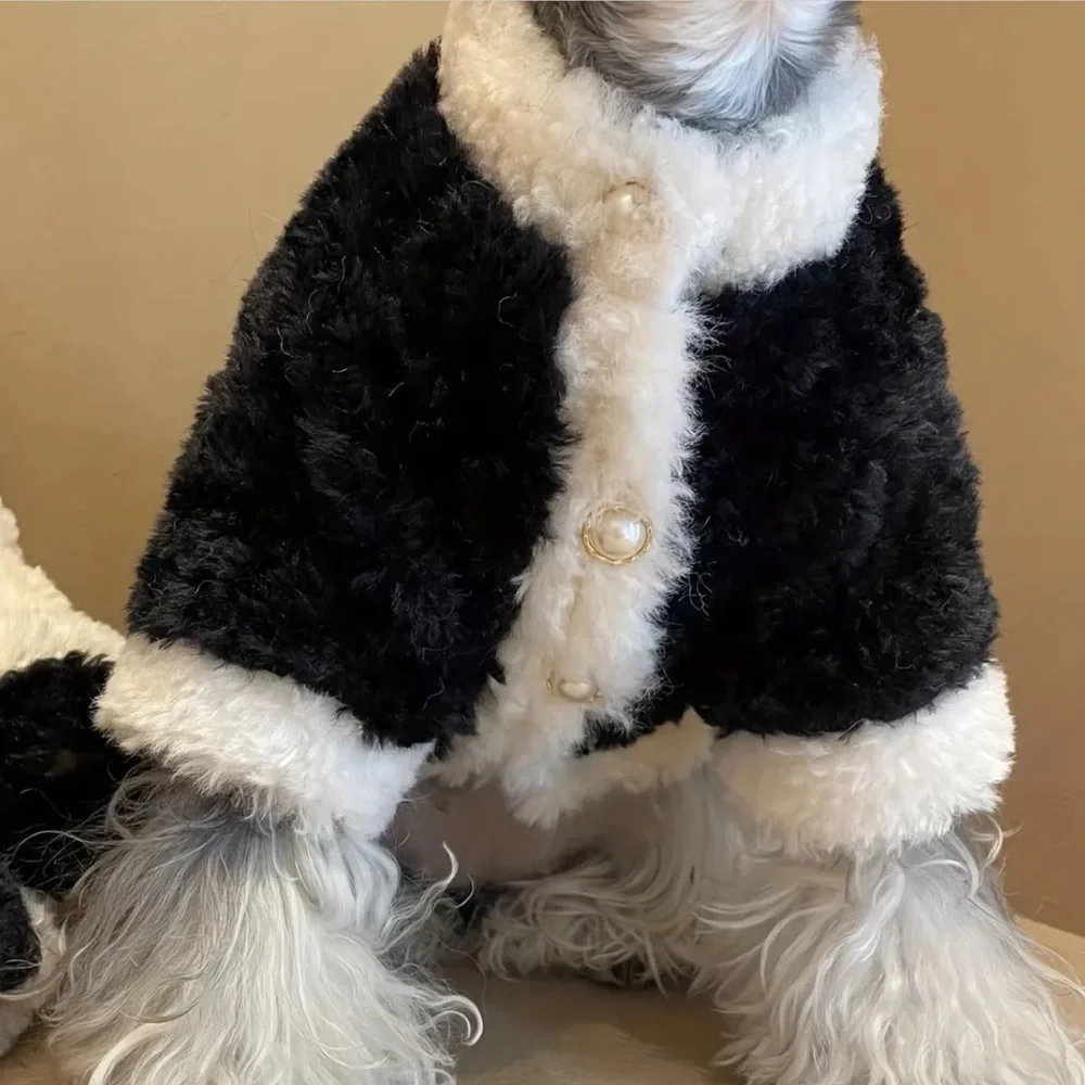Chic Elegant Classy Classic Lux Faux Fur Pearl Black White Dog Coat